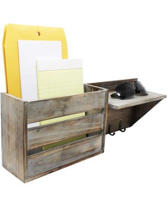 Wood Rustic Wall Mounted Key & Mail Holder/Organizer with 3 Key Hooks, 1 Compartment, and Shelf - for Entryway or Mud Room